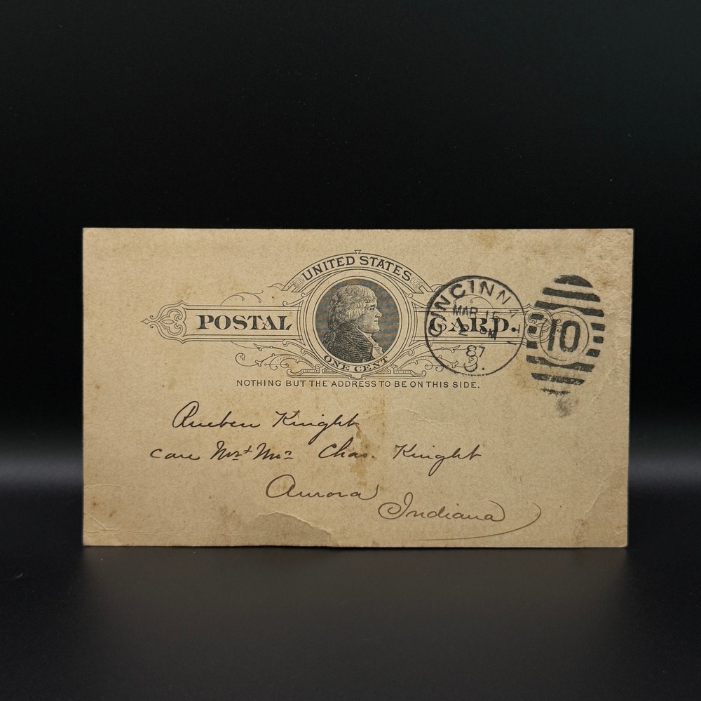Antique 1887 US Postal Card 1 Cent Jefferson Cincinnati OH to Aurora IN Ephemera